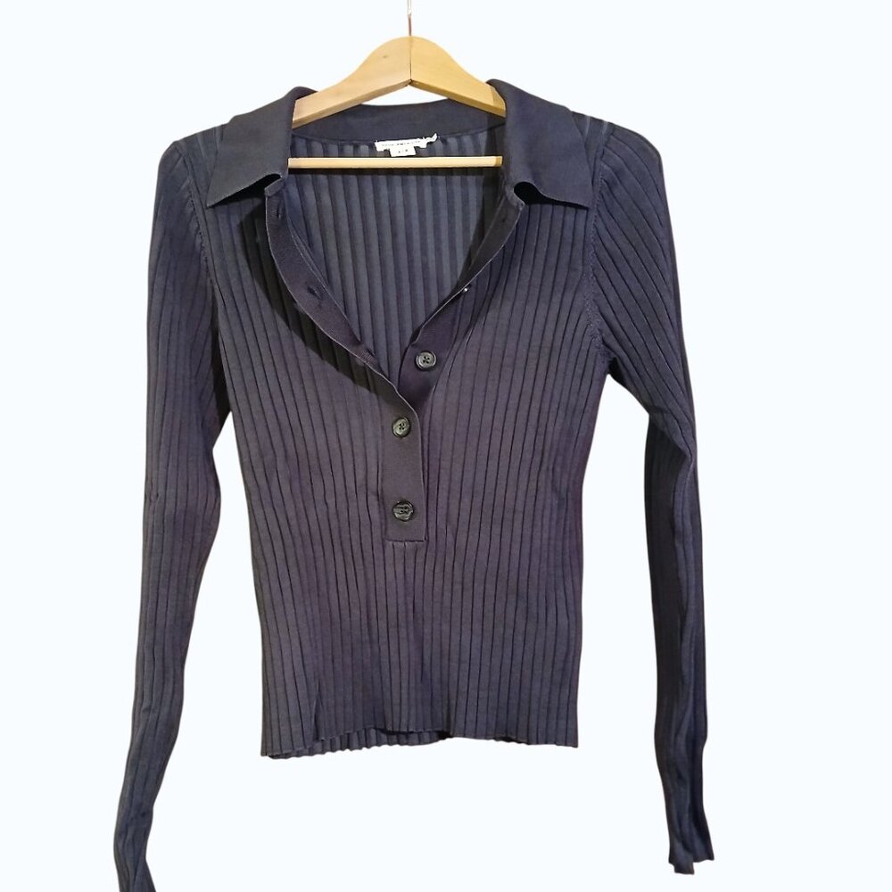 GOOD AMERICAN Blue/Gray Button Ribbed Stretch Pullover Sweater